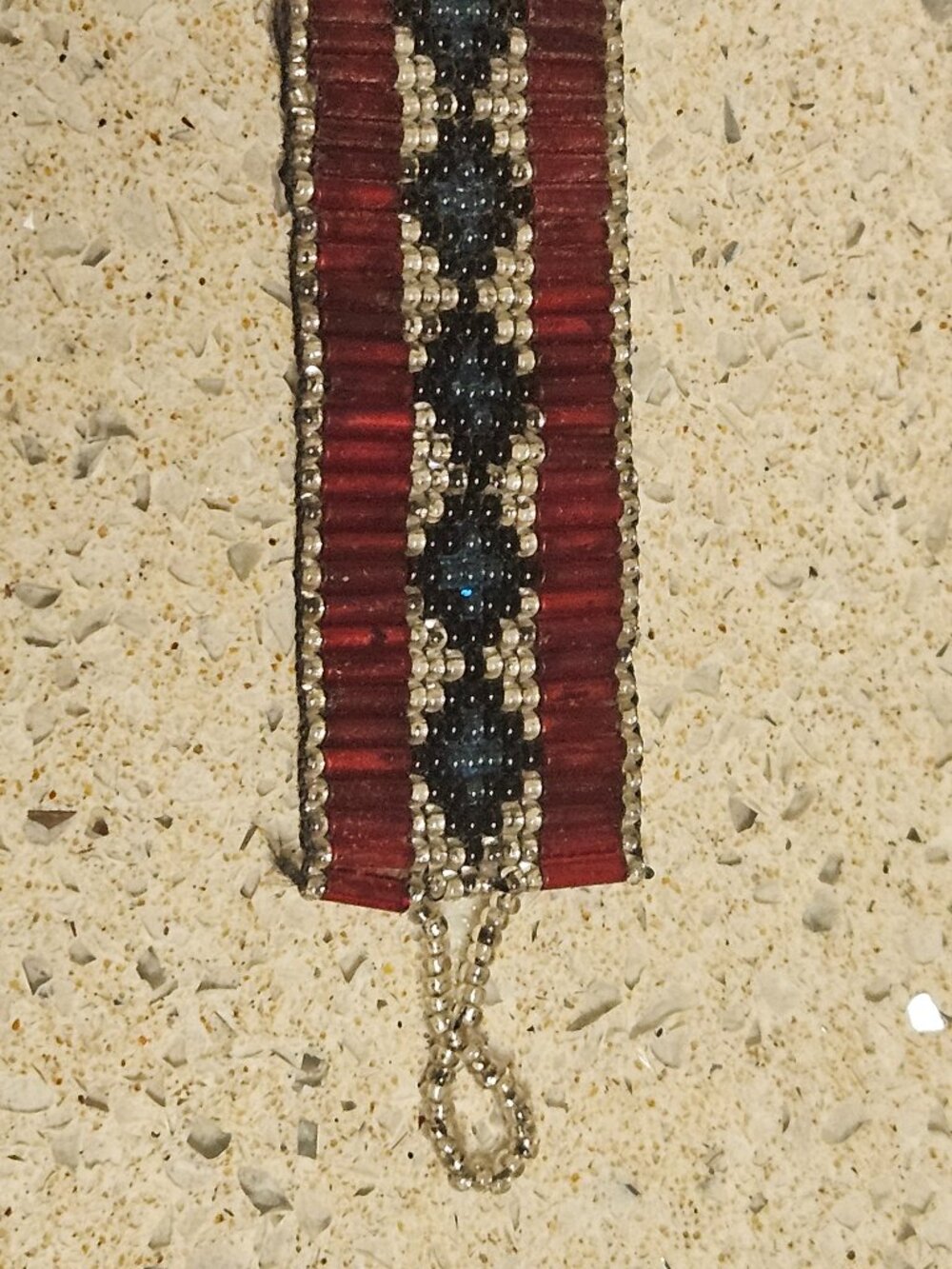 Hand-Beaded Bracelet, Red/Black/Blue - 7"